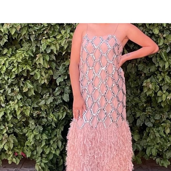 ASOS EDITION Sequin midi dress with feather hem in nude pink color - Picture 4 of 7